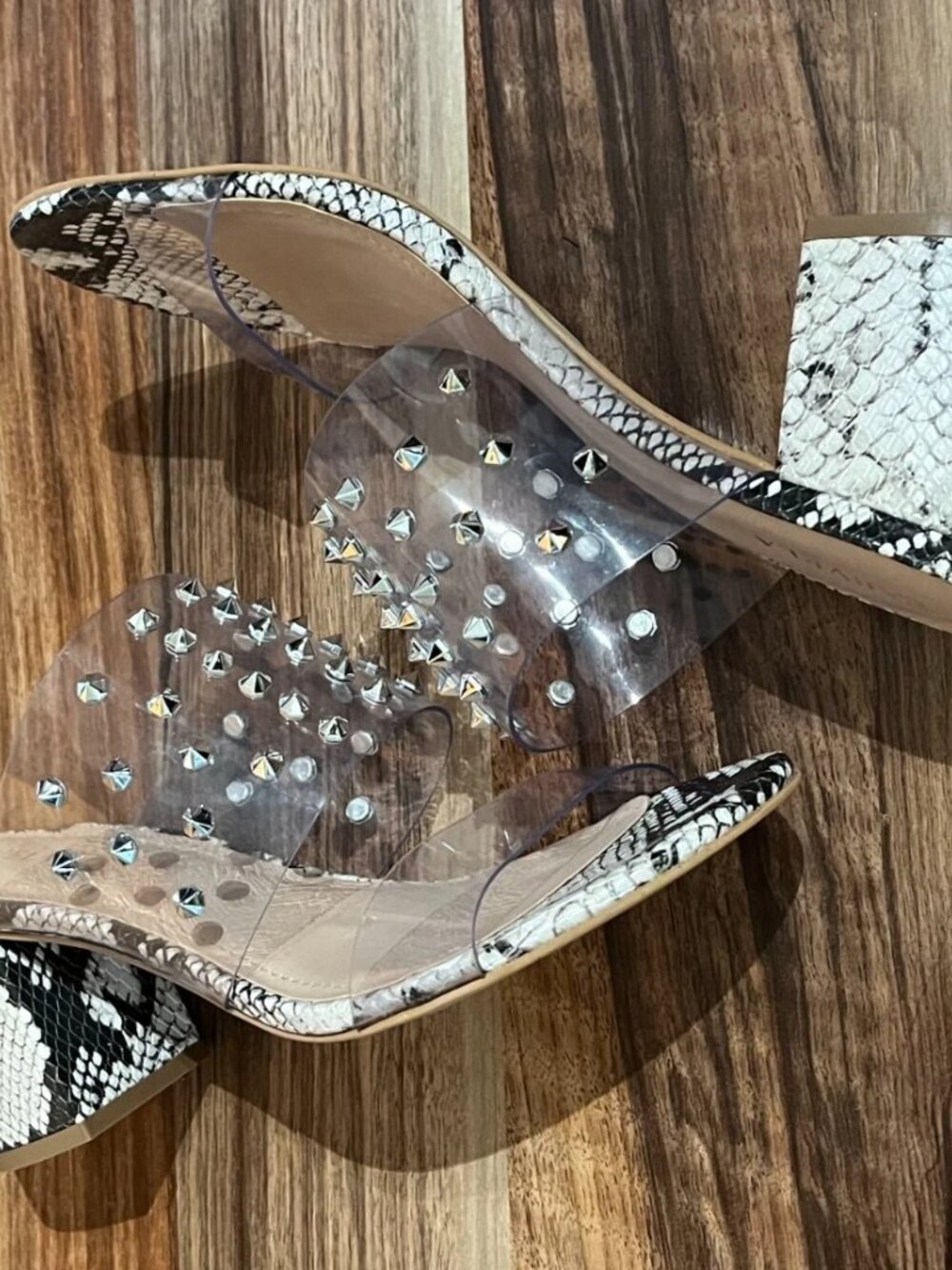 Carvela Studded Clear & Snake Print Block Heel Slip On Sandals sz 8.5 - 9 - Picture 3 of 5